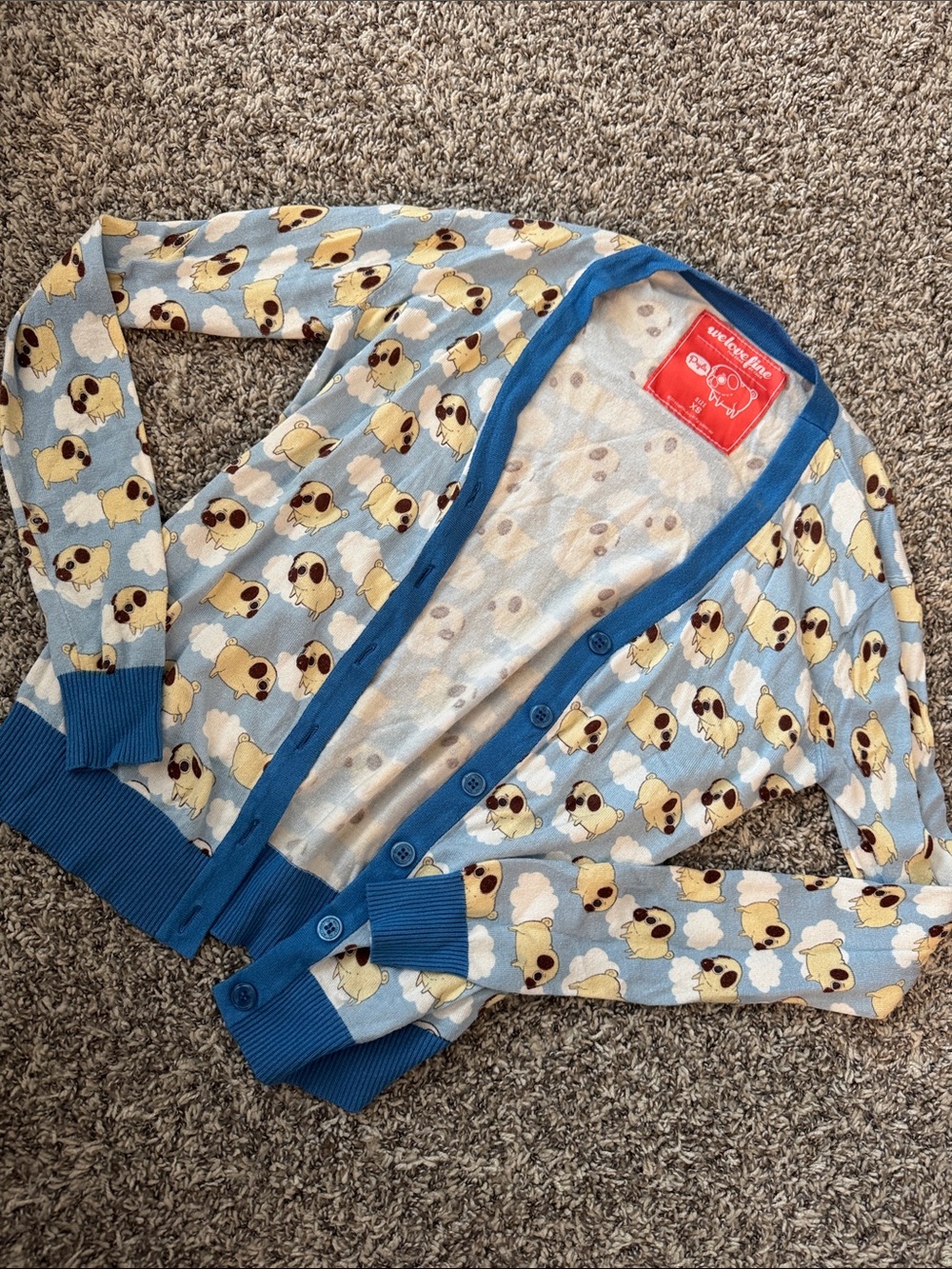 Blue Pug Print Kids Cardigan Sweater